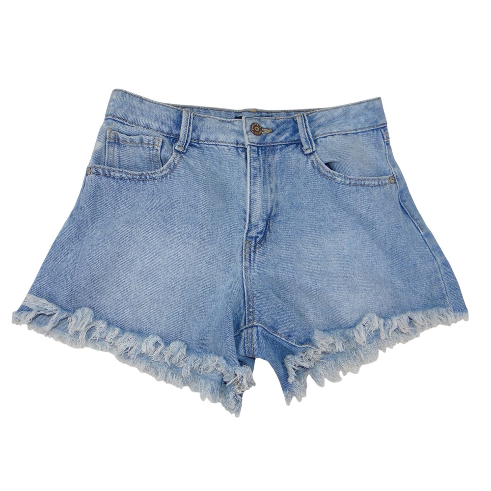 Sincerely Jules Light Wash Frayed Raw Hem Denim Shorts Size 3/26 High Rise 4482